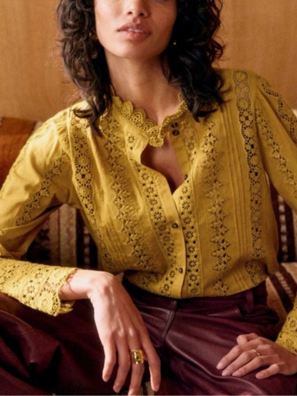 NWT Sézane Rym Shirt Blouse Gold Guipure Lace FR 38 US 6